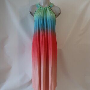 NWT Womens Regina Blue Coral Multicolor Dip-Dyed Pleated Maxi Halter Dress M